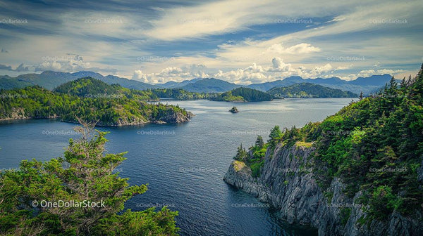 Peaceful Coastal View with Lush Islands and Mountains