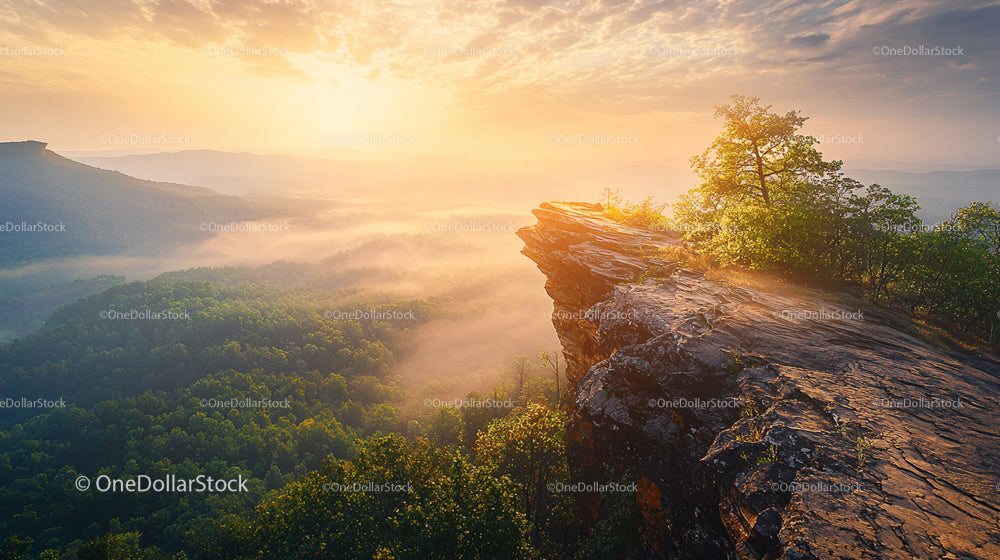 Misty Sunrise Over a Rocky Cliff and Lush Green Forest