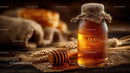 Rustic Honey Jar with Wheat and Honeycomb on Wooden Table