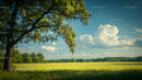 Scenic Green Meadow with Tree and Fluffy Clouds