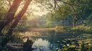 Serene Forest Lake with Lush Green Foliage and Sunlight