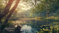 Serene Forest Lake with Lush Green Foliage and Sunlight