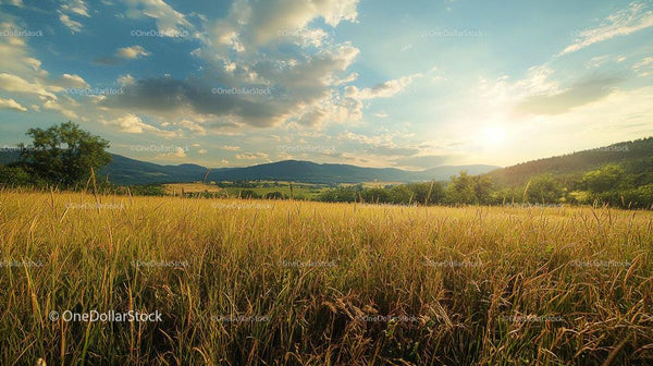 Golden Field at Sunset with Mountains in the Distance