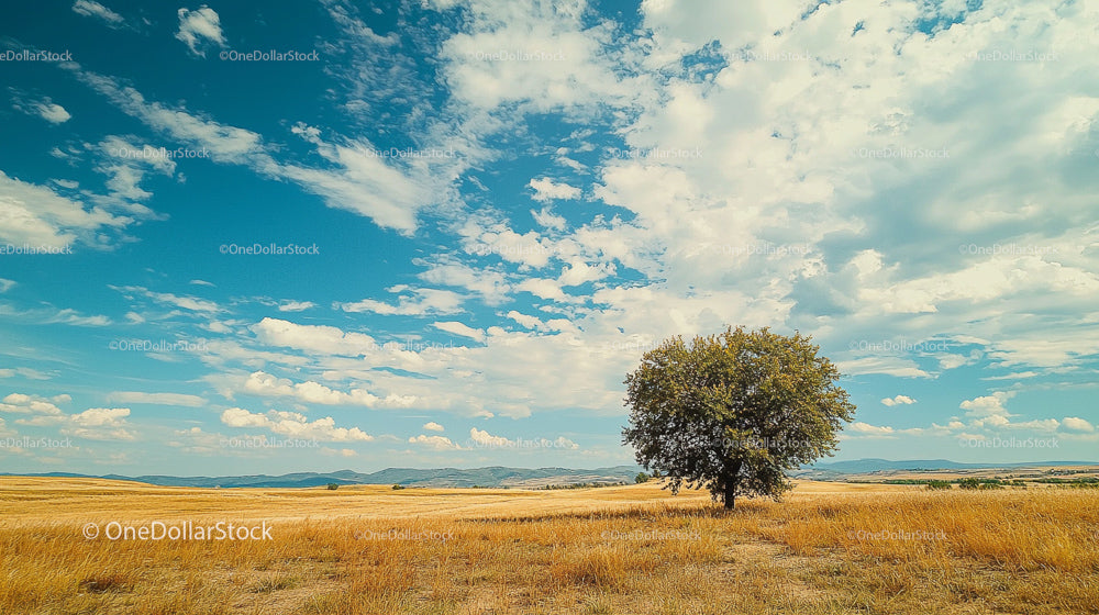 Lone Tree in Golden Field Under Expansive Blue Sky