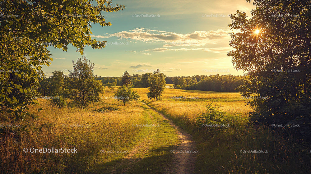 Scenic Sunset Over a Golden Field and Country Path