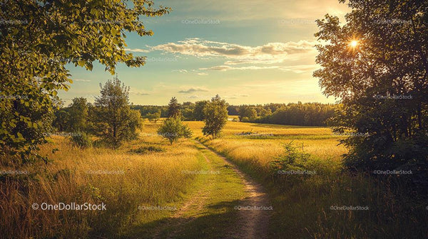 Scenic Sunset Over a Golden Field and Country Path