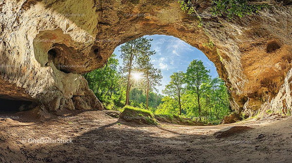 Sunlit Forest View Through Limestone Cave Entrance
