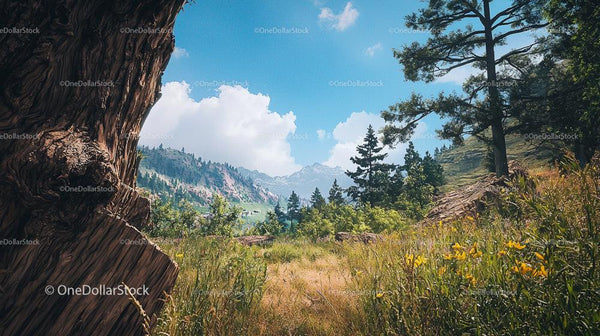 Scenic Mountain View with Pine Trees and Wildflowers