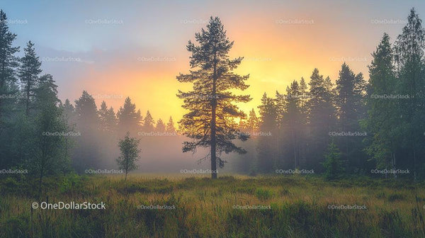 Misty Sunrise Over a Tranquil Forest Landscape