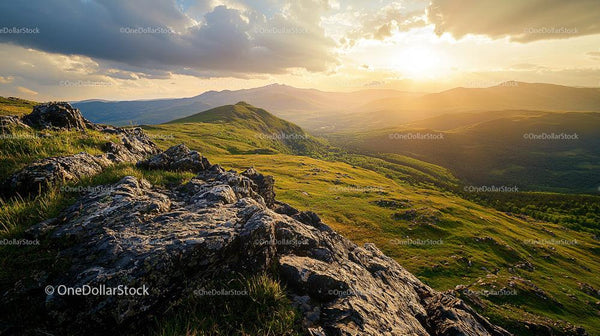 Sunset Over Scenic Mountains with Rocky Foreground