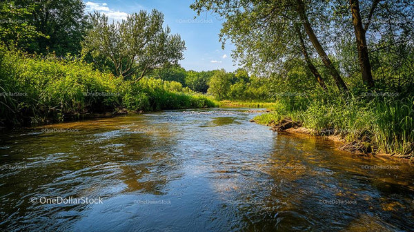 Tranquil River Flowing Through Lush Green Landscape