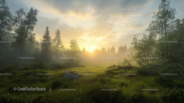 Misty Forest Sunrise with Lush Greenery