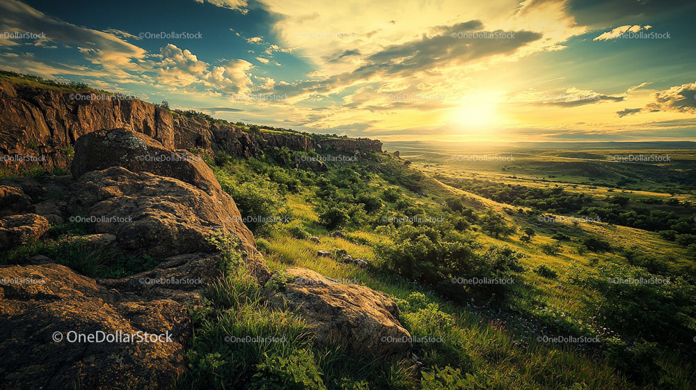 Breathtaking Sunset Over a Verdant Rocky Valley