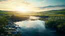 Sunset Over Serene River in Lush Green Meadows