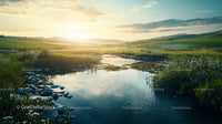 Sunset Over Serene River in Lush Green Meadows