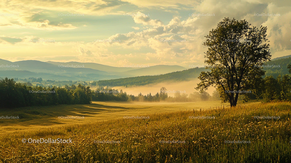 Idyllic Landscape with Lone Tree and Misty Morning Light