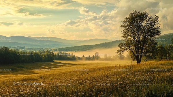 Idyllic Landscape with Lone Tree and Misty Morning Light