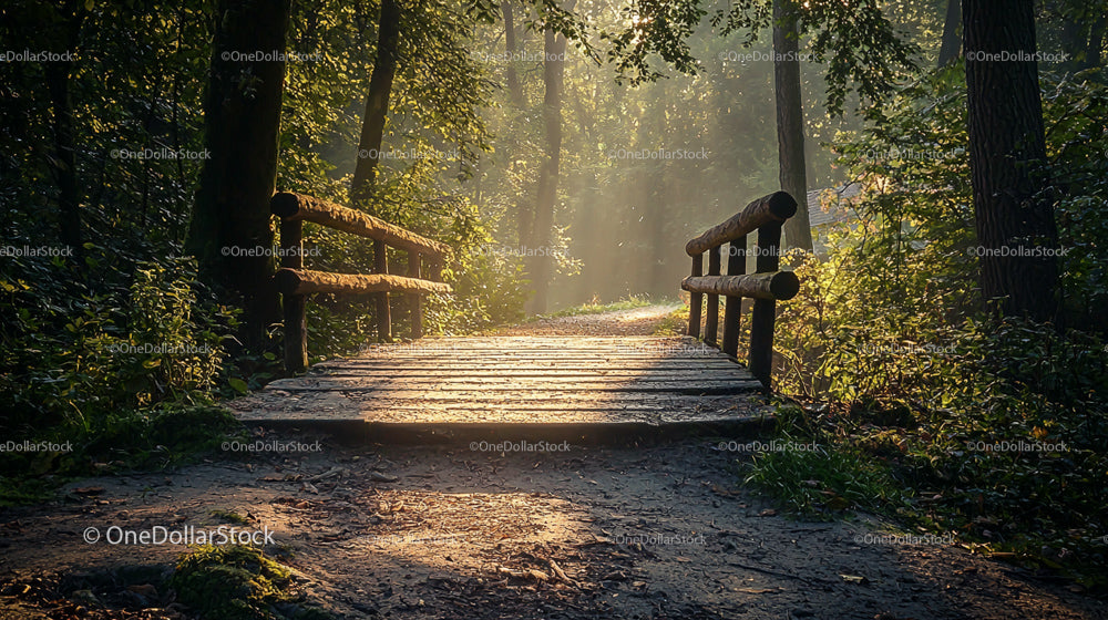 Sunlit Wooden Bridge in a Lush Forest Setting