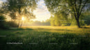 Misty Morning Sunlight in a Green Meadow
