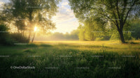 Misty Morning Sunlight in a Green Meadow