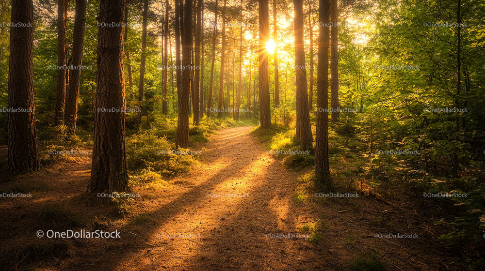Golden Sunlight Filtering Through Tranquil Forest Path