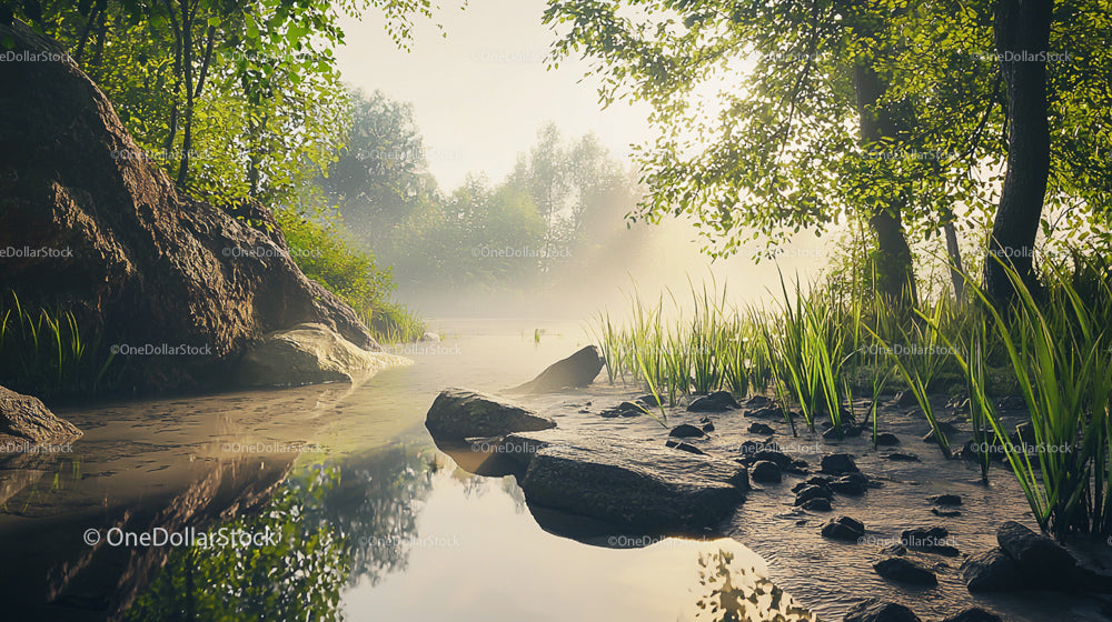 Spokojny poranek nad spokojną rzeką i bujną zielenią