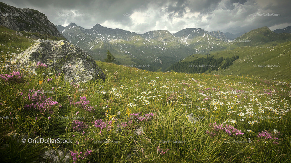 Alpejska łąka z dzikimi kwiatami i majestatycznymi górami