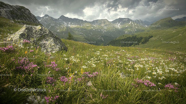 Alpejska Łąka z Dziko Rośnącymi Kwiatami i Majestatycznymi Górami