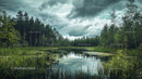 Idyllic Forest Pond with Lush Greenery and Cloudy Sky
