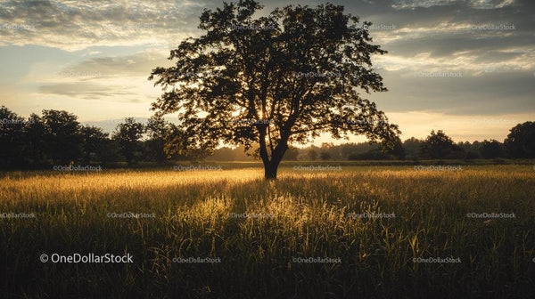Solitary Tree in Golden Sunset over Verdant Meadow