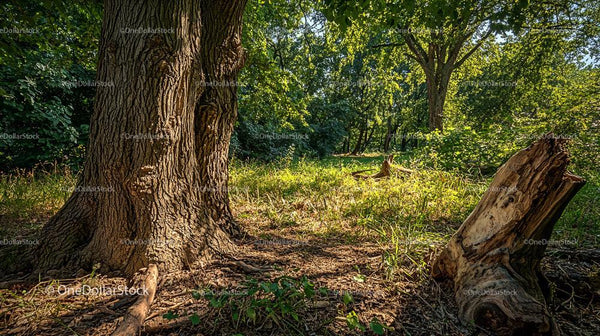 Sunlit Forest with Majestic Tree Trunks and Lush Greenery