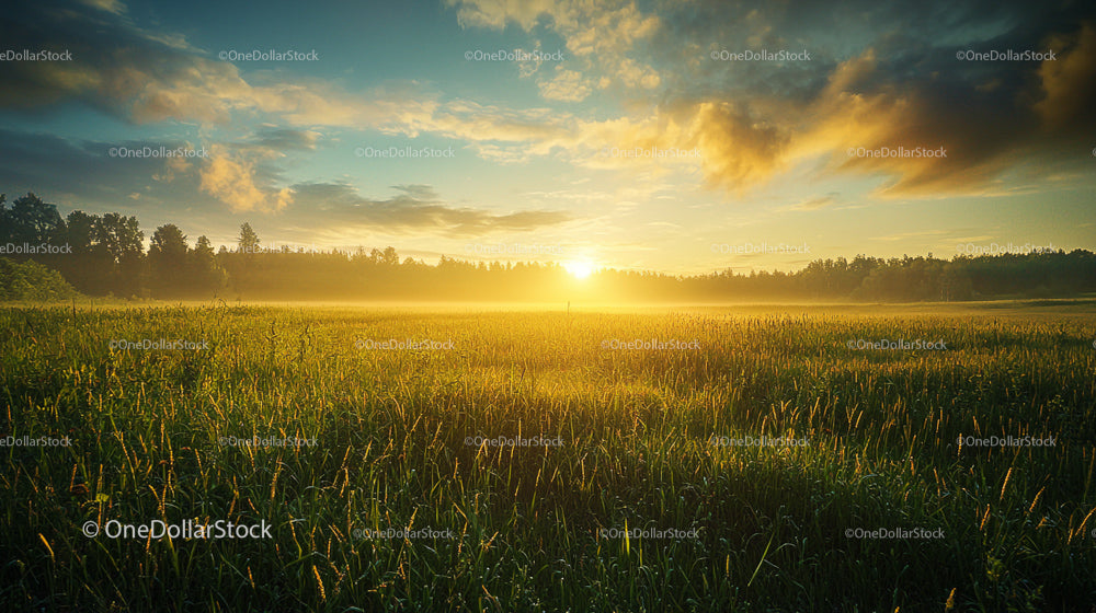 Sunrise Over Misty Meadow with Golden Light