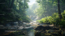 Serene Forest Stream with Sunlight Filtering Through Trees