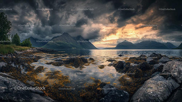 Dramatic Sunset Over Mountainous Coastal Landscape
