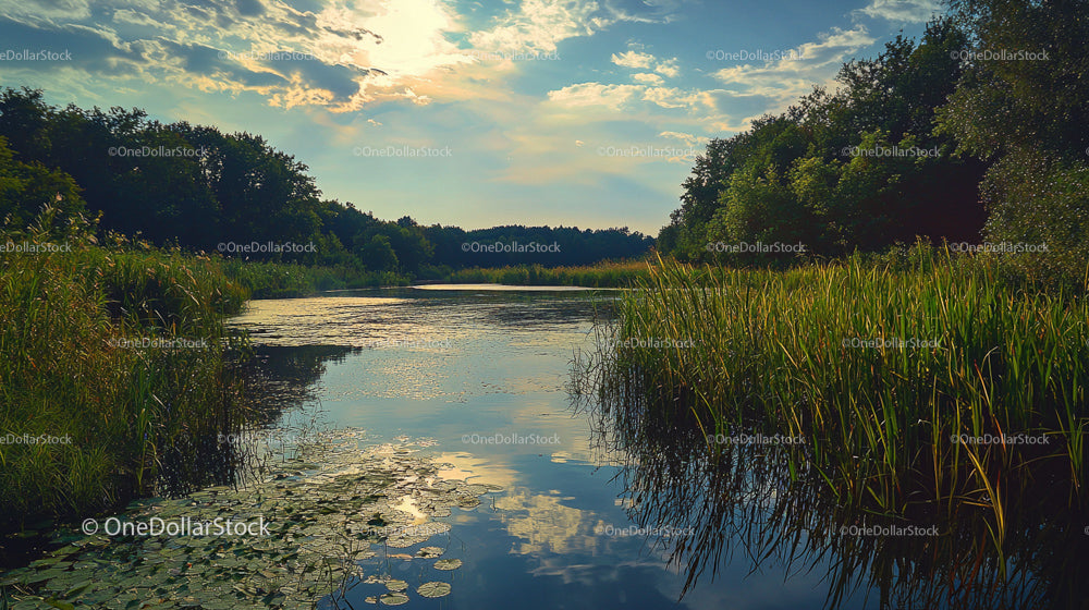 Serene Lake with Lush Greenery and Reflective Waters