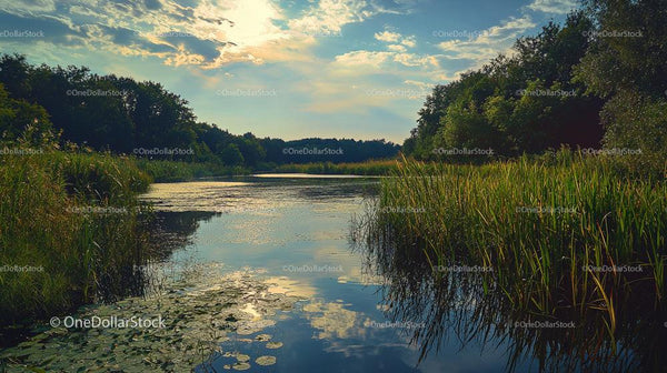 Serene Lake with Lush Greenery and Reflective Waters