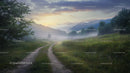 Misty Morning Pathway Through Tranquil Green Valley