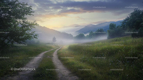 Misty Morning Pathway Through Tranquil Green Valley