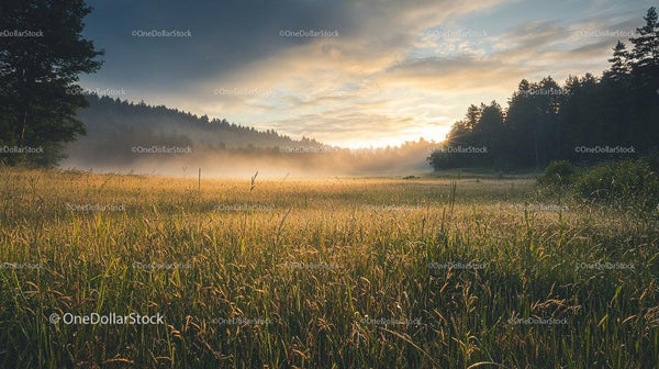 Misty Sunrise Over a Tranquil Grassland Landscape