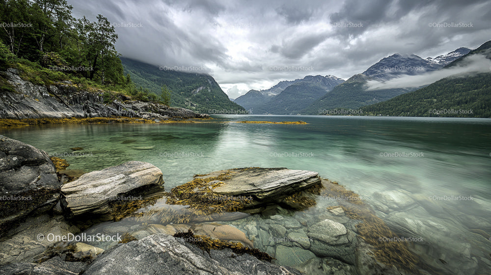 Serene Lake with Rocky Shoreline and Majestic Mountain View