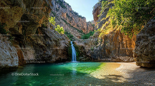 Scenic Waterfall Cascading into a Turquoise Lagoon in Rocky Landscape