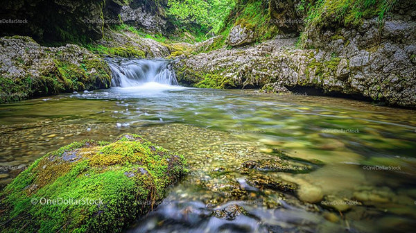 Serene Waterfall Flowing Through Moss Covered Rocks