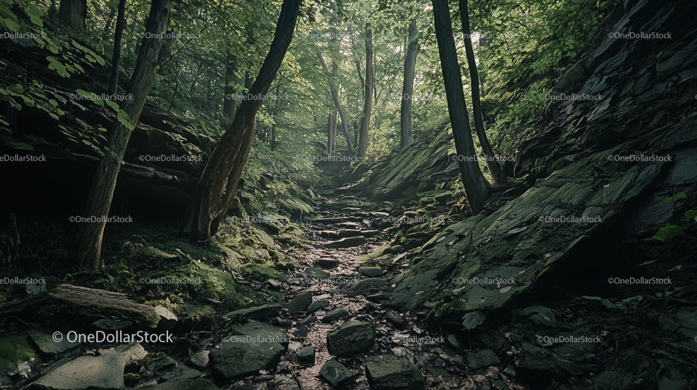 Majestic Forest Path with Lush Greenery and Sunlit Trail
