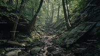 Majestic Forest Path with Lush Greenery and Sunlit Trail
