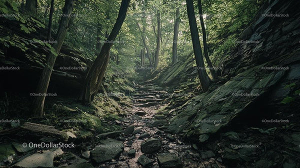 Majestic Forest Path with Lush Greenery and Sunlit Trail