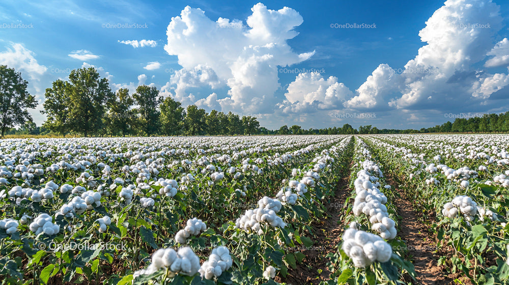 Vast Cotton Field Under Blue Sky with Fluffy Clouds
