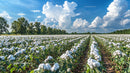 Vast Cotton Field Under Blue Sky with Fluffy Clouds
