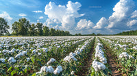 Vast Cotton Field Under Blue Sky with Fluffy Clouds