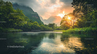 Golden Sunset Over Serene River with Mountain Backdrop