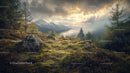 Misty Mountain Landscape with Dramatic Sunrise and Lush Greens